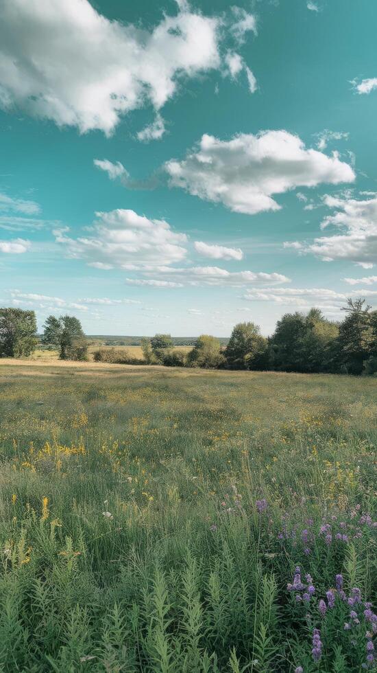 A field with wildflowers and a sky with clouds photo