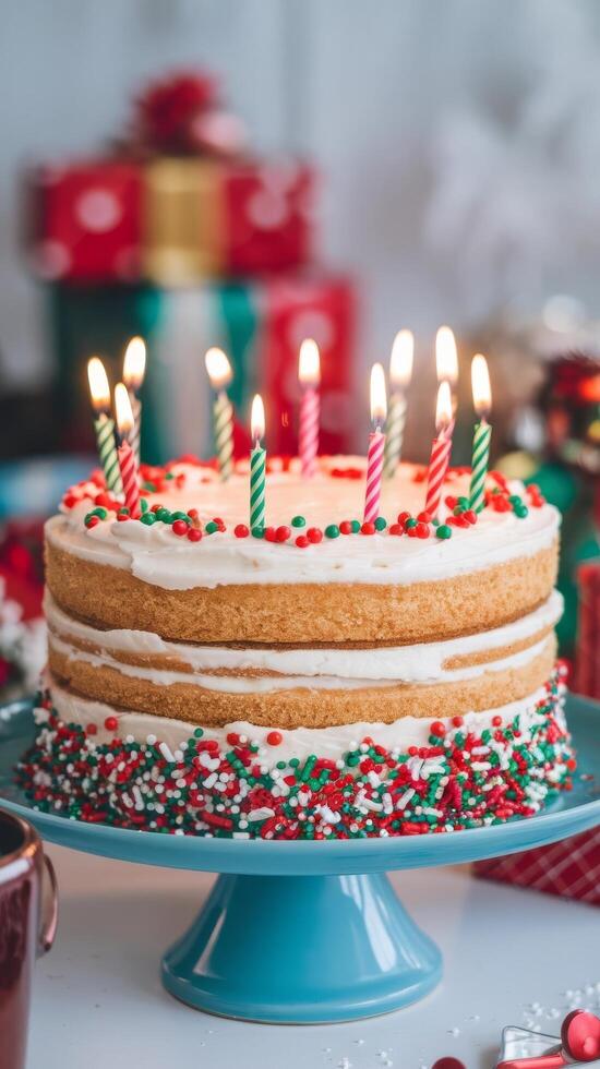 A cake with candles on top and a cup of coffee photo