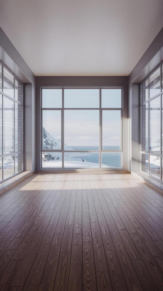 Empty room with wooden floor and large windows photo