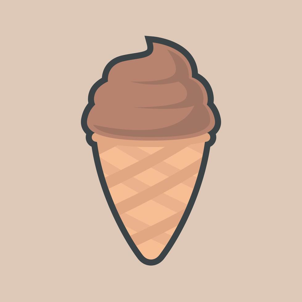 chocolate ice cream cone with outline flat design vector