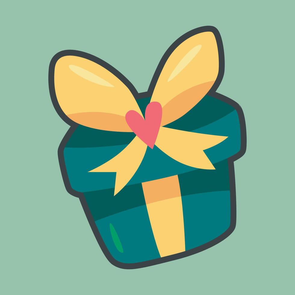 green gift box with yellow bow in outline flat design. vector