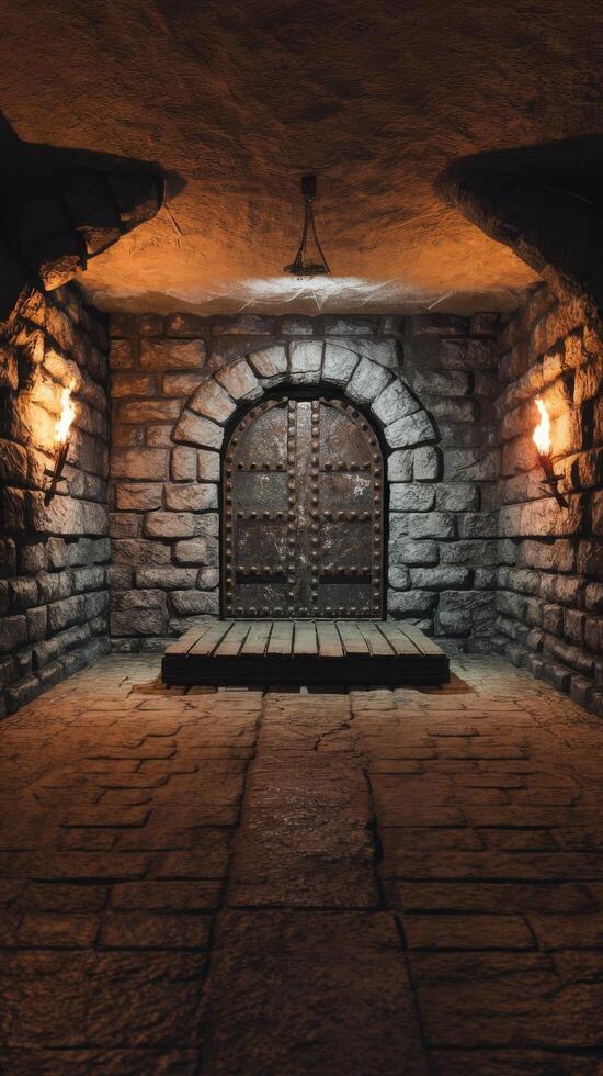 An old stone tunnel with a door and light photo