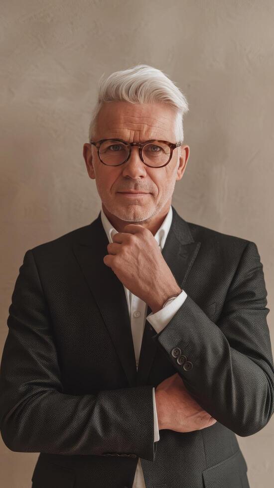 A man with white hair and glasses standing in front of a wall photo