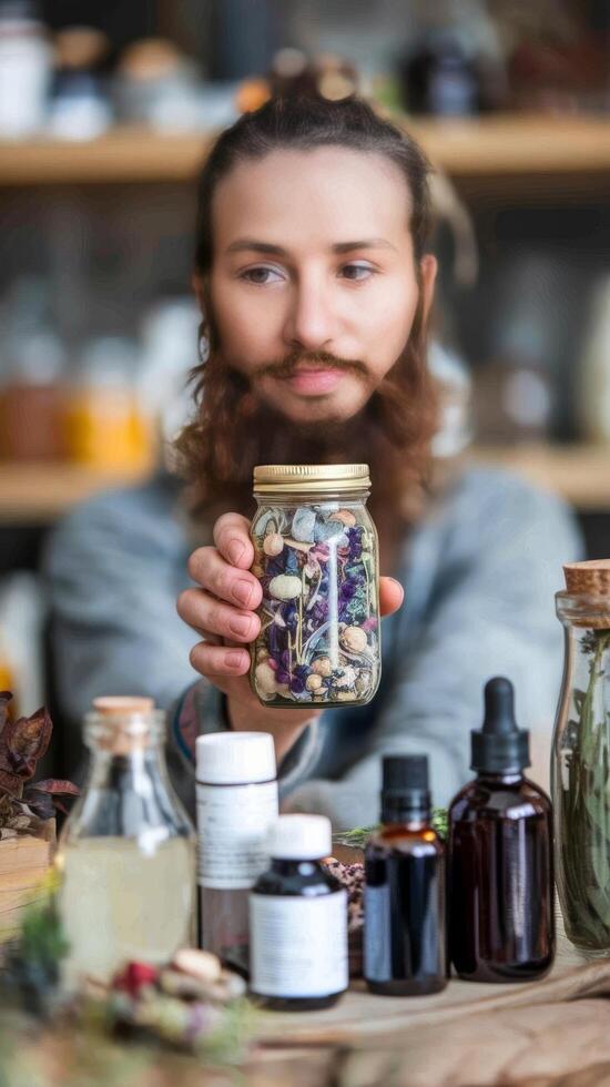A bearded man holding a jar of herbs and spices photo