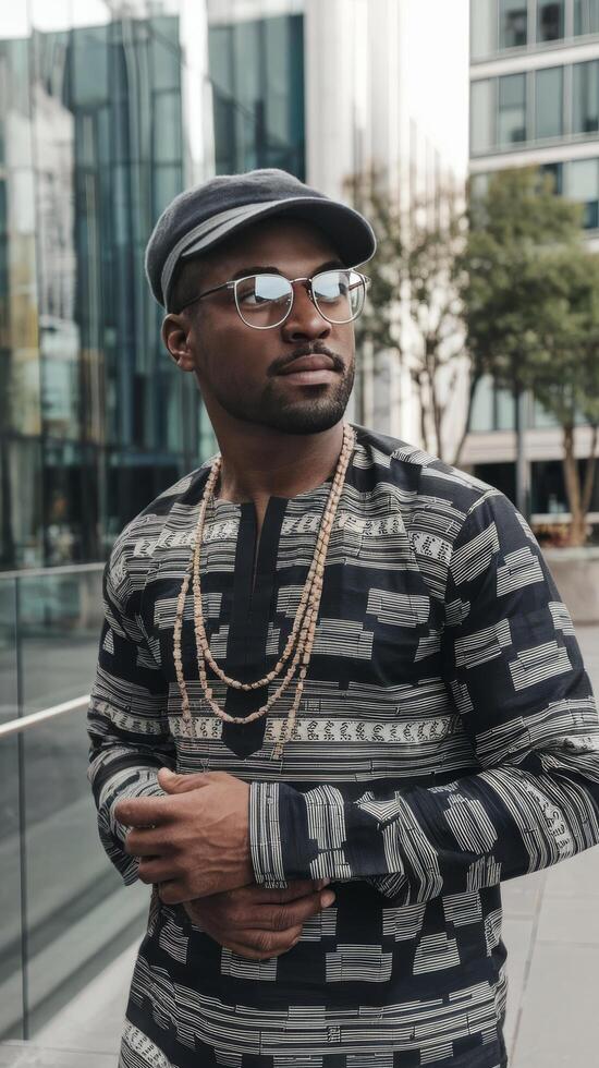 A man in a hat and sunglasses standing in front of a building photo