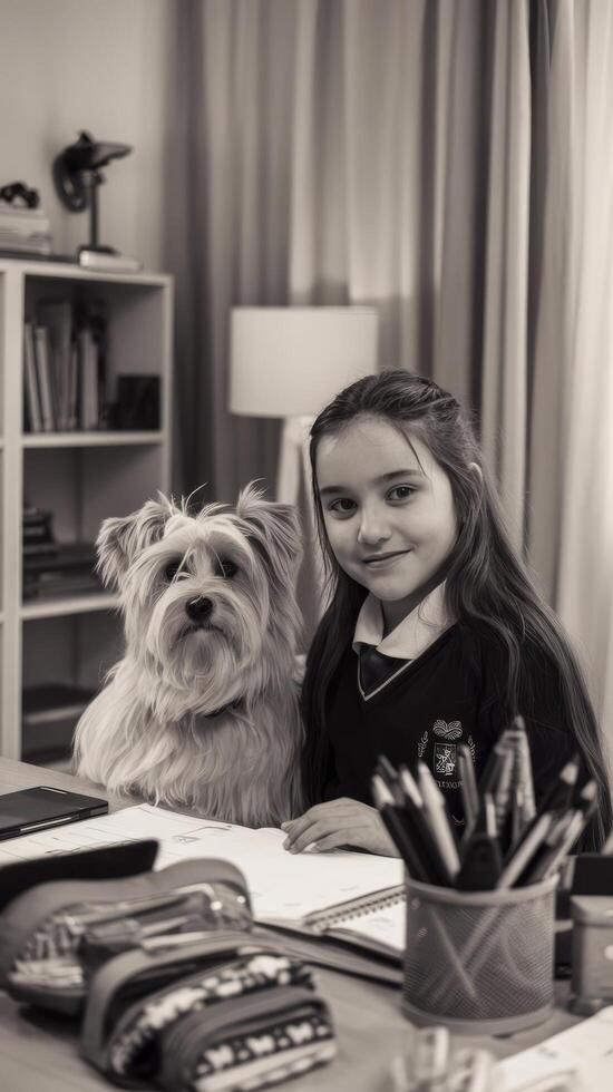 A girl sitting at a desk with a dog photo