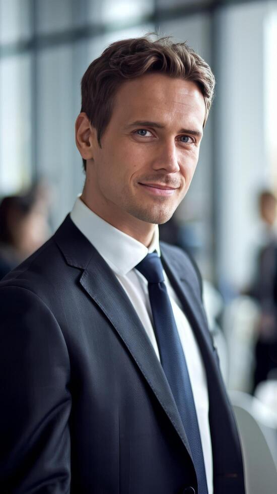 A man in a suit and tie standing in front of a group of people photo