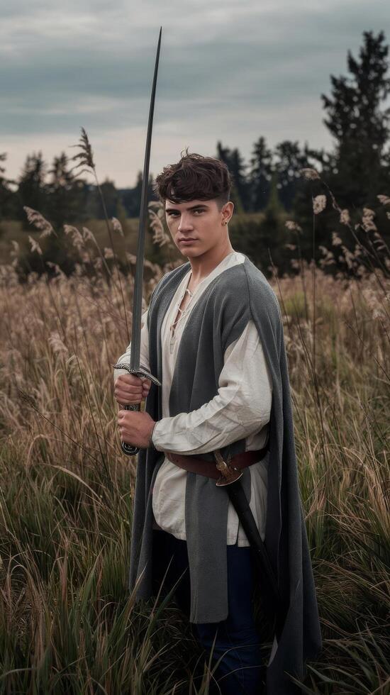 A man in medieval clothing holding a sword photo