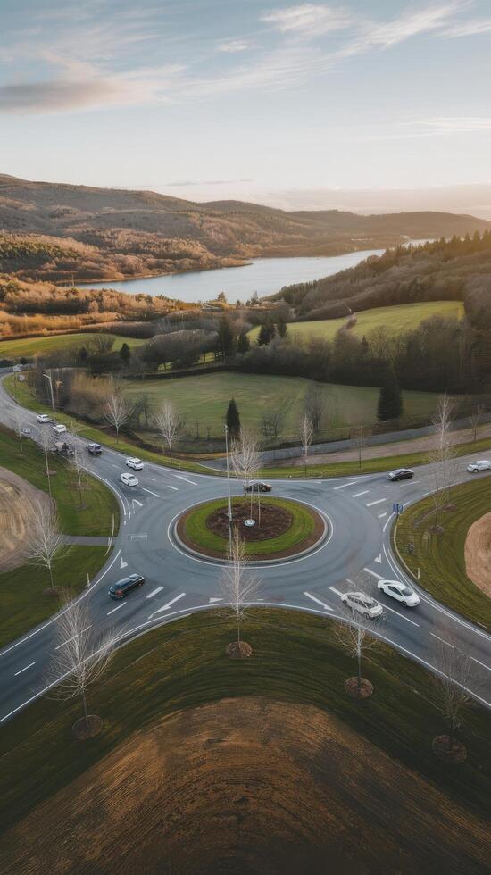 An aerial view of a roundabout with a lake in the background photo