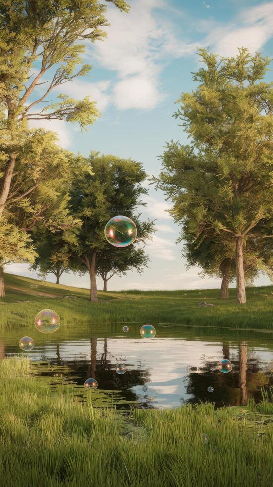 A pond with bubbles floating in it and trees in the background photo