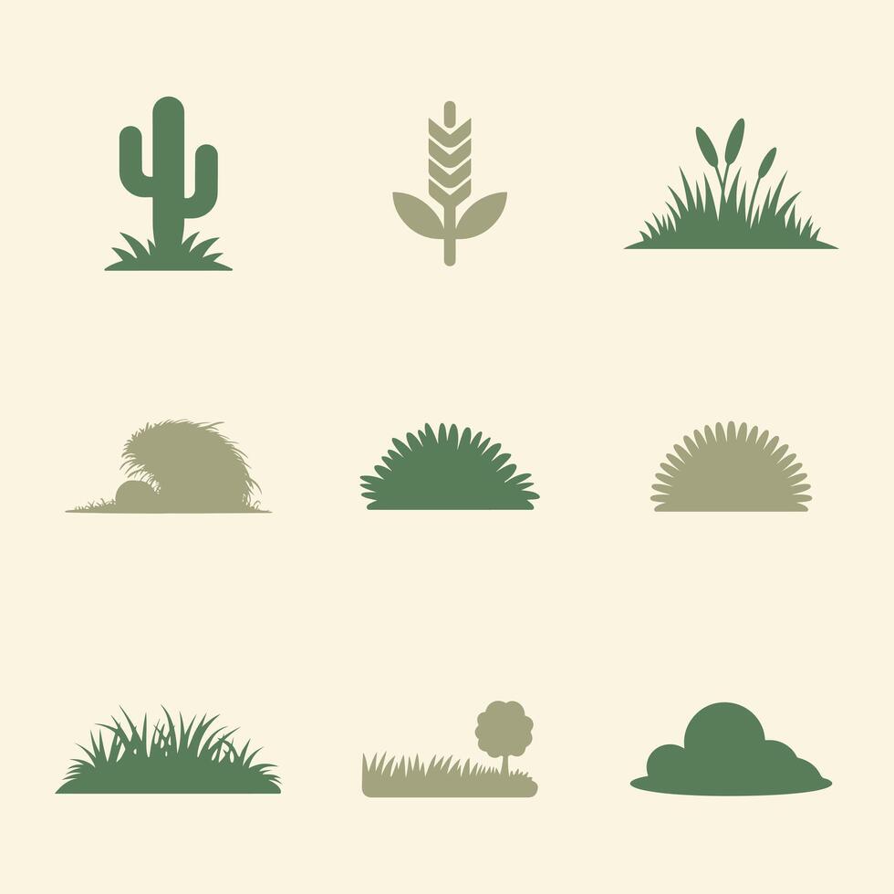 Plants and Landscapes Icons Set with Grass and Ground Cover vector