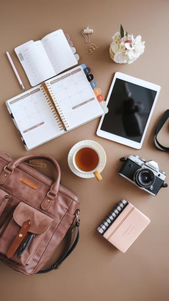 Laptop, camera, notebook, purse, coffee, planner, phone, notebook, planner, photo