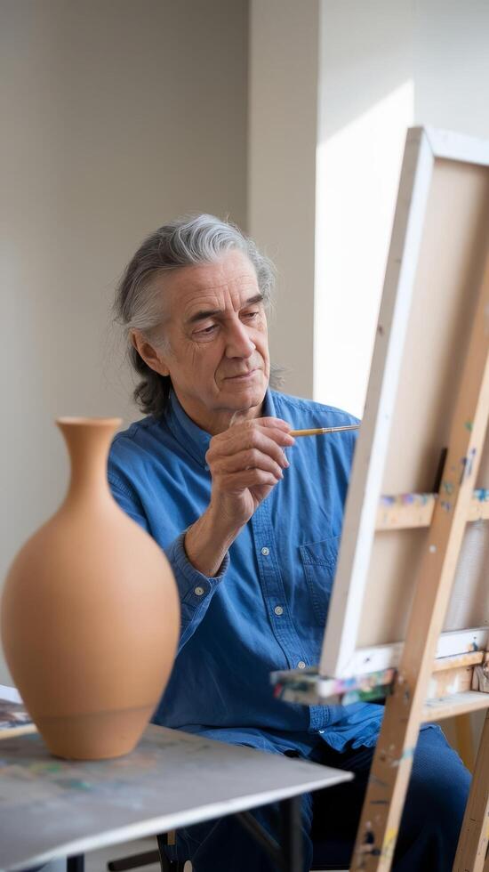 An older man is painting on an easel photo
