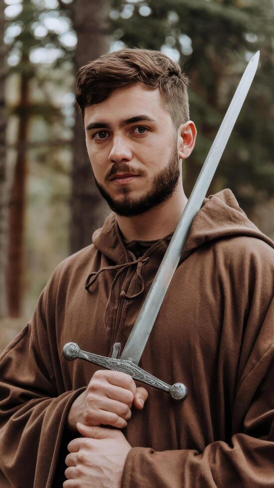 A man in a brown robe holding a sword photo
