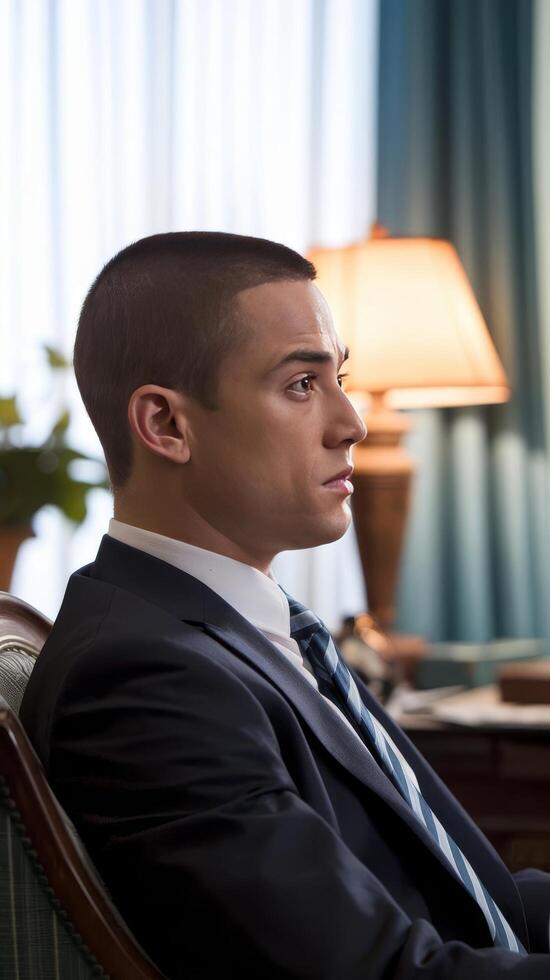 A man in a suit and tie sitting in a chair photo