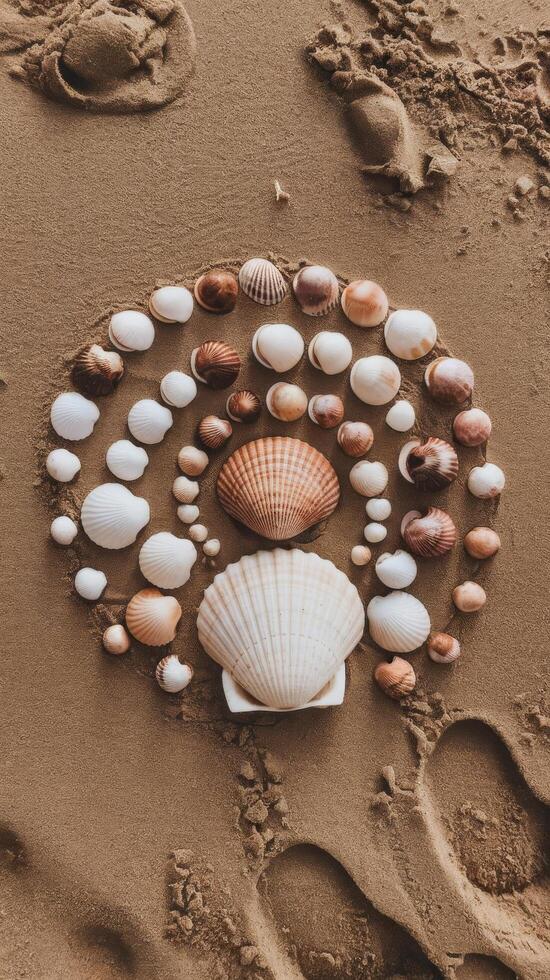 A circle of shells arranged in a circle on the sand photo