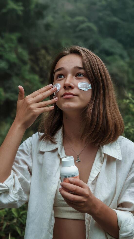 A woman is holding a bottle of sunscreen and applying it to her face photo