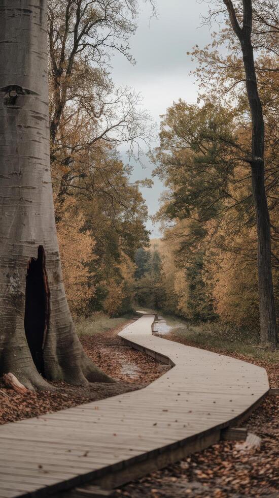 A wooden path in the woods with a tree trunk photo