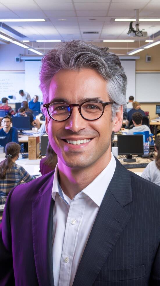A man in glasses and a suit standing in front of a classroom photo