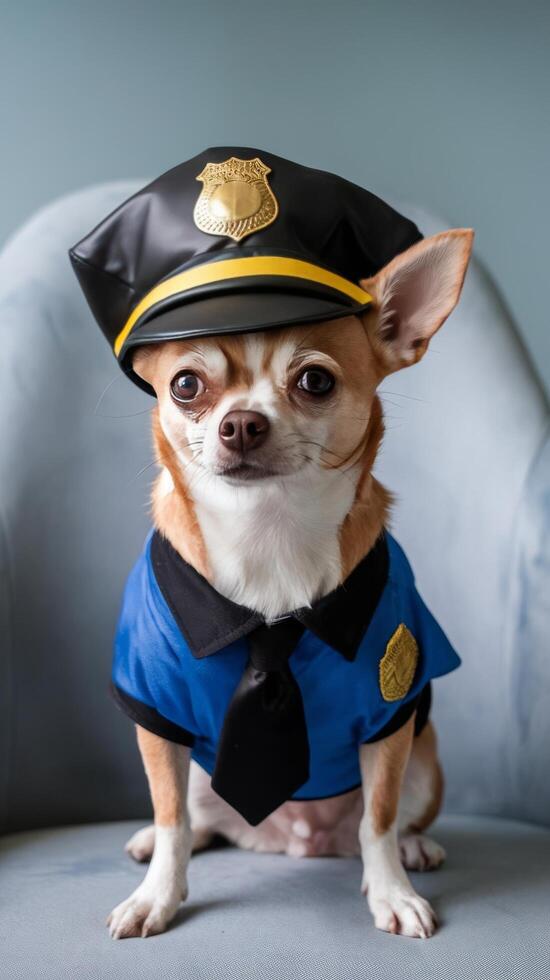 A chihuahua dog dressed as a police officer photo