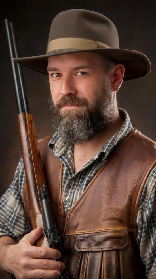 A man with a beard and hat holding a gun photo
