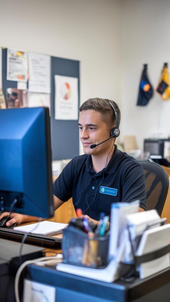 A man wearing a headset at a computer photo