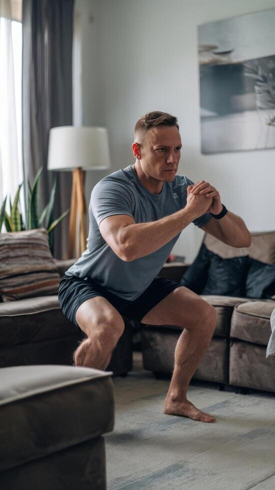 Middle adult man doing squats and exercising in living room at home photo
