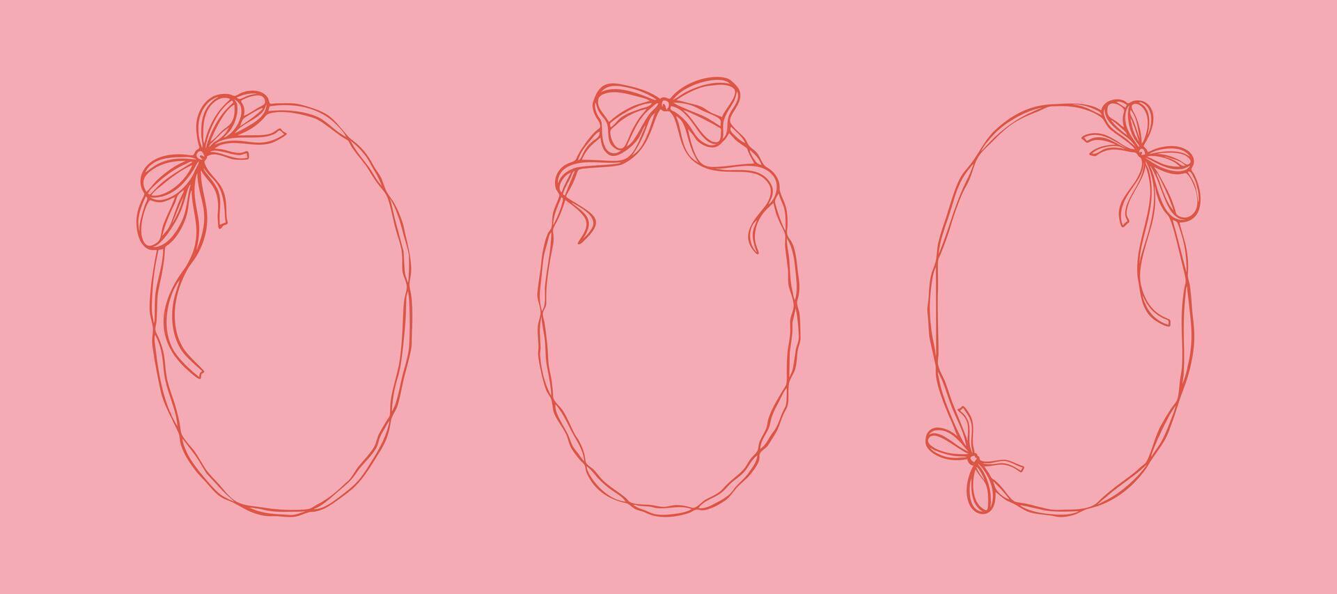 Set of oval elegant bow ribbon frames. Coquettish hand drawn doodle line art illustration. French style. Italian la dolce vita design element. Whimsical wavy border drawing. Wedding invitation vector