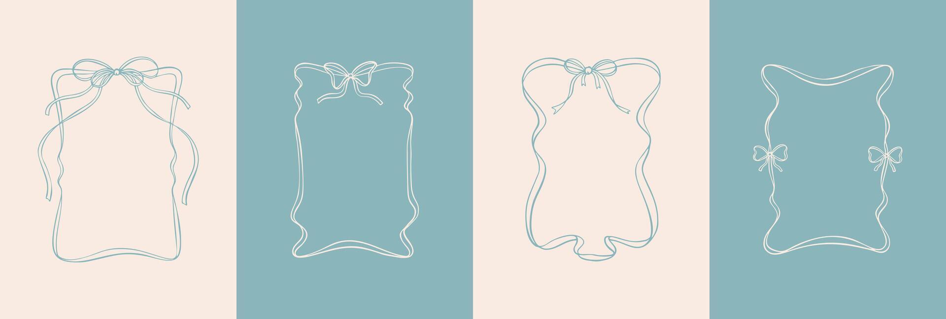 Set of rectangle blue ribbon frames with cute bows. Filigree wavy scroll tape vintage border. Art nouveau hand drawn illustration. Wedding, birthday, party invitation design element vector