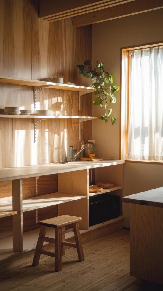 A kitchen with wooden shelves and a table photo
