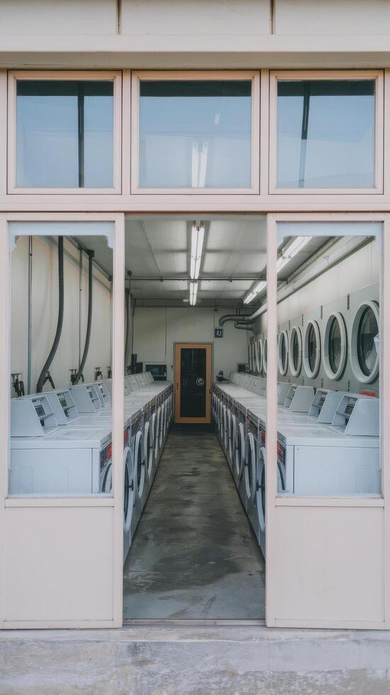 A laundry room with a door and a window photo