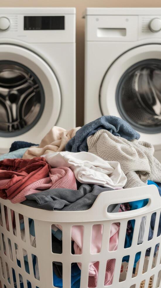 A basket full of clothes in front of a washing machine photo
