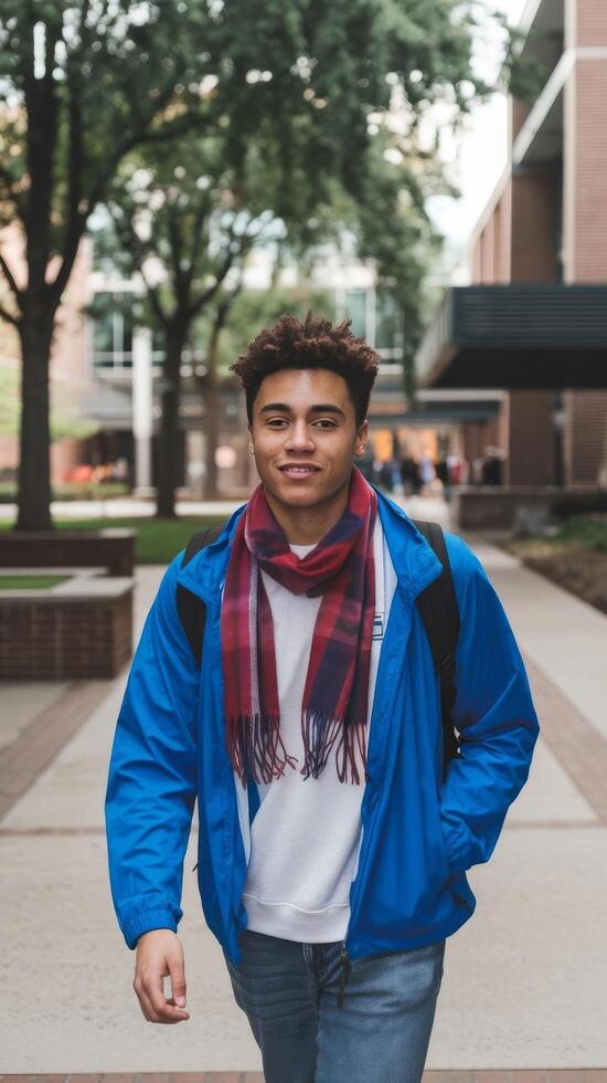 A young man in a blue jacket and scarf walking on a sidewalk photo