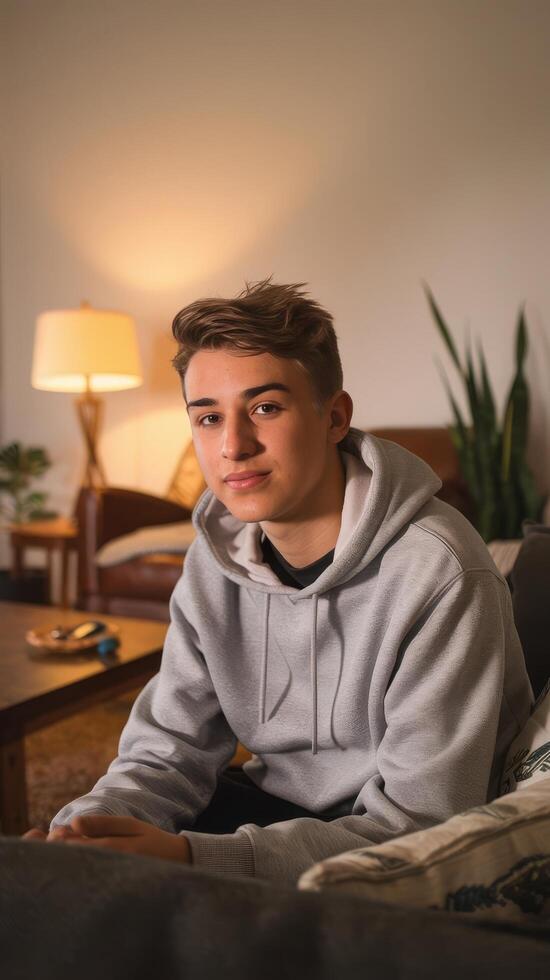 A young man in a grey hoodie sitting on a couch photo