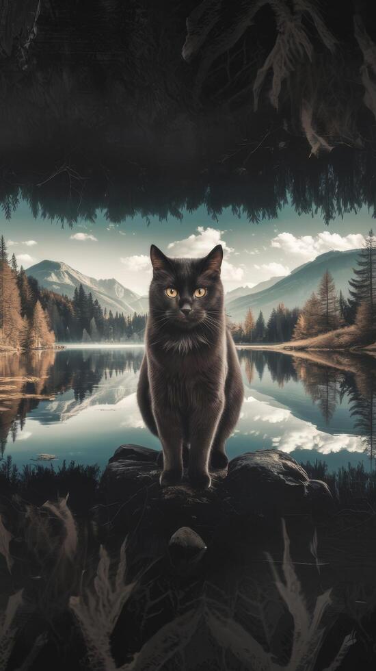 A cat sitting on a rock by a lake photo