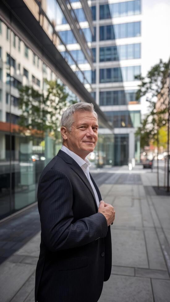 A man in a suit standing in front of a building photo