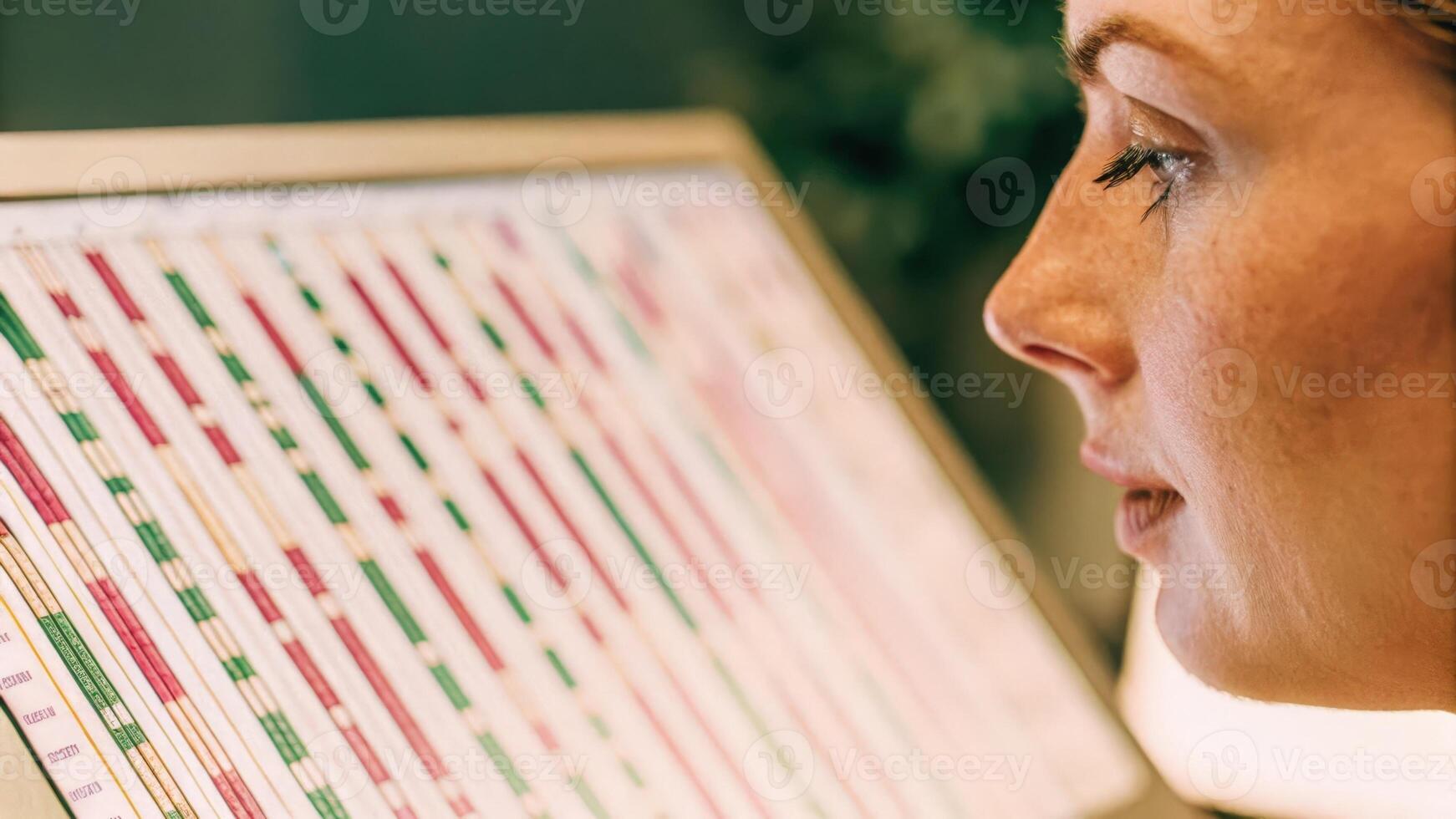A closeup view of a lab technicians face illuminated by the bright screen of a genetic analysis software displaying colorful markers and charts depicting genetic variations.. photo