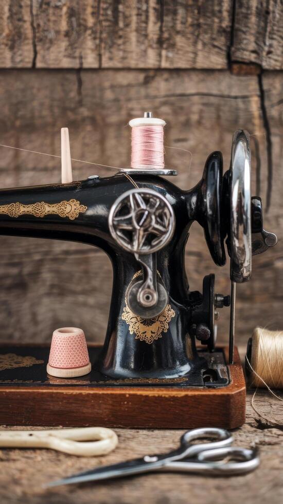 An old sewing machine with thread and scissors photo