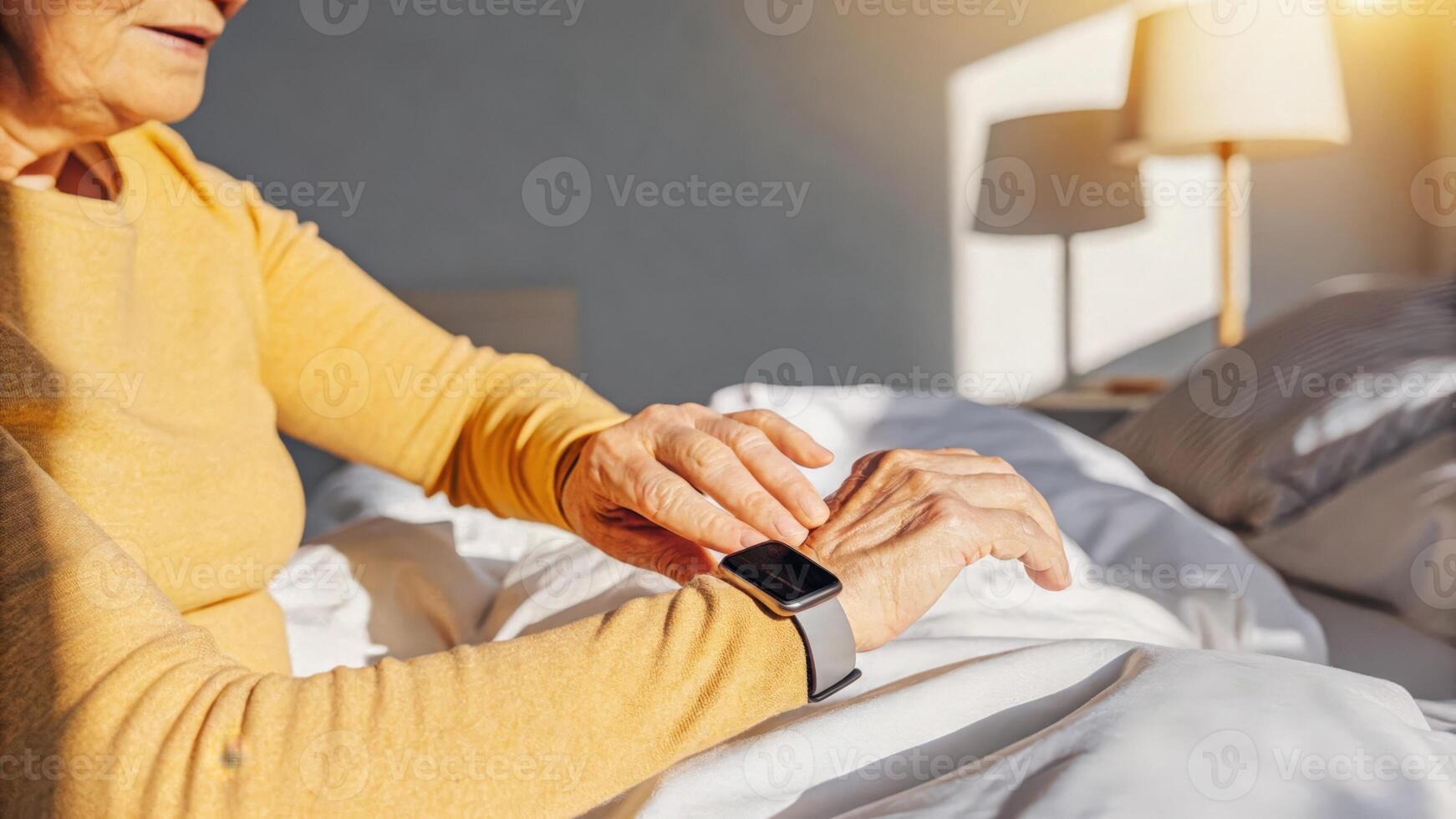 A closeup of a senior woman gently touching the touchscreen of her wearable health device as it tracks her sleep patterns surrounded by soft lighting in her bedroom.. photo