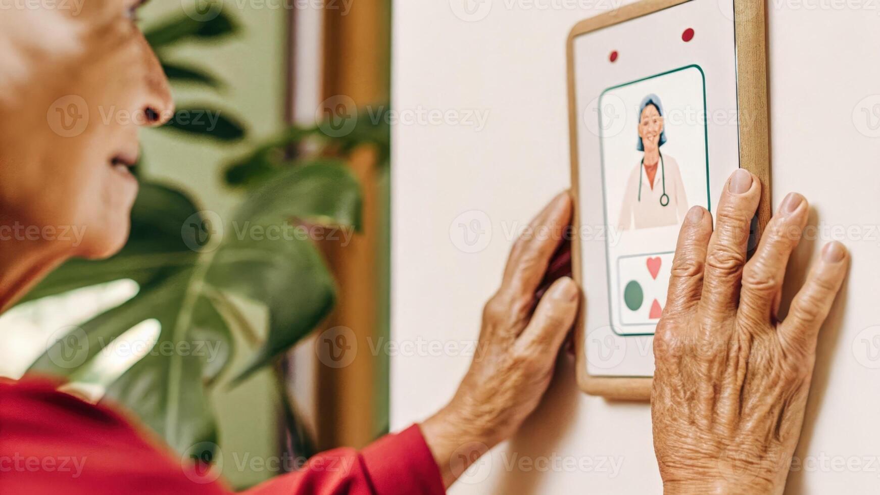 A closeup of an elderly womans concentrated expression as she manipulates a holographic interface showing a virtual doctors avatar her hands gently pinching and swiping through. photo