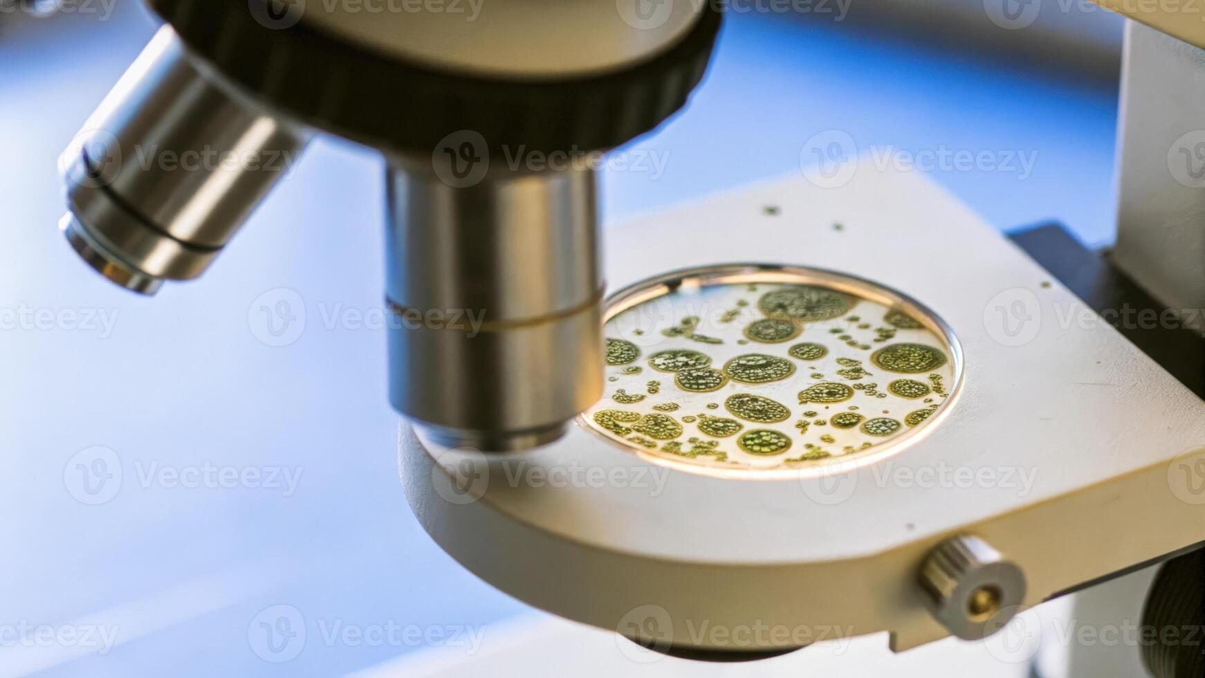 A closeup of a microscope eyepiece focused on a prepared slide revealing an intricate colony of microbes with soft lab lighting enhancing the details of the slide.. photo