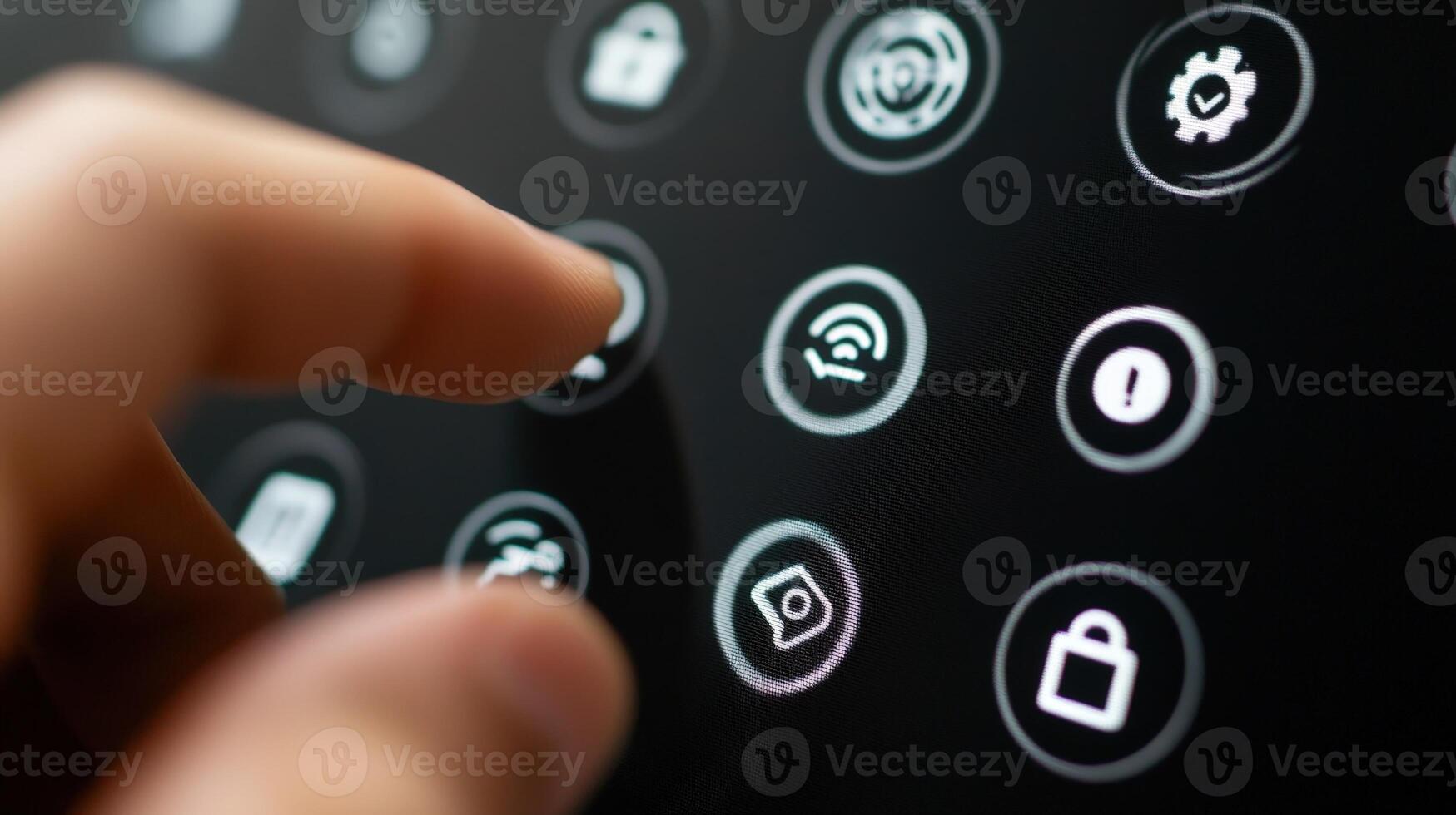 Finger touching camera icon on interactive screen displaying various security settings photo