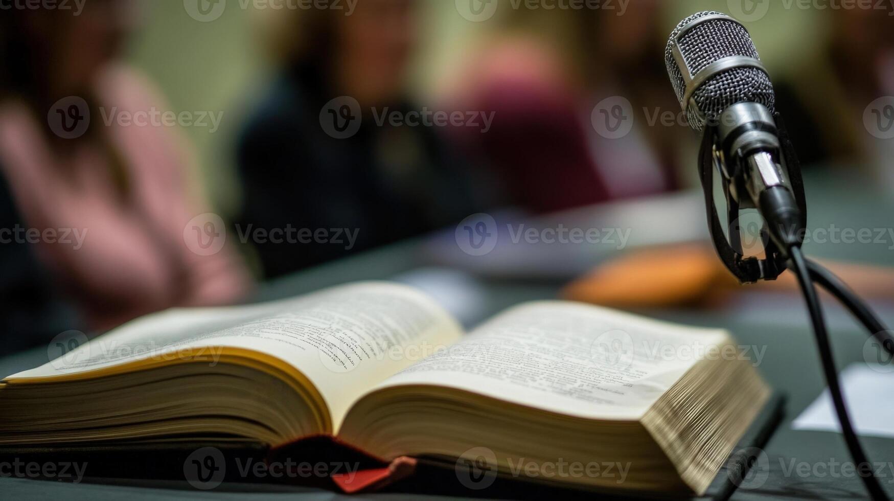 Microphone recording audio from open book with blurred people in background photo