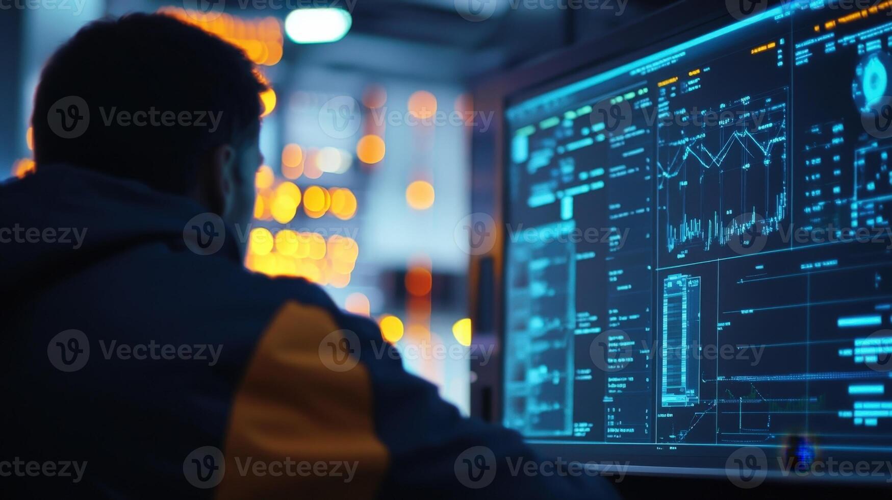 It specialist analyzing computer code on a screen in a data center photo