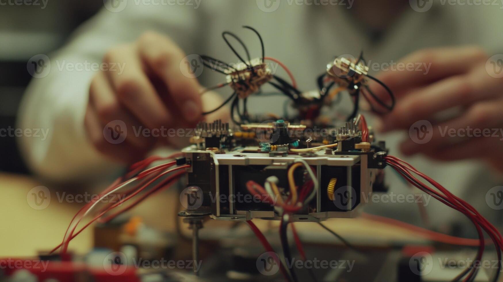 A closeup shot showcases a hightech gadget being assembled by a presenter with intricate components and wires tered across a blurred lab backdrop highlighting the intricate detail photo