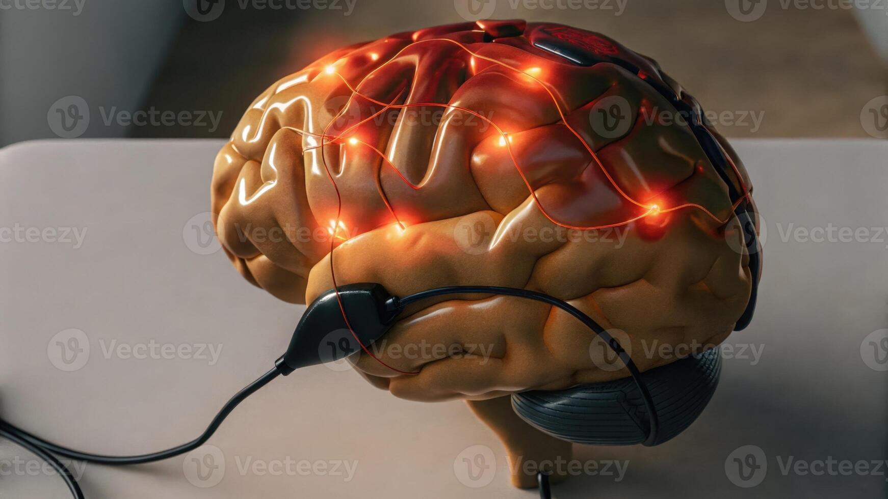 A digital representation of a brain with highlighted areas pulsating in response to stimuli illustrating the improved cognitive functions facilitated by an advanced neural implant.. photo