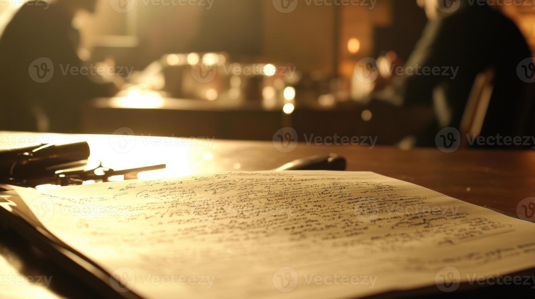 Handwritten movie script and fountain pen on table during filmmaking photo
