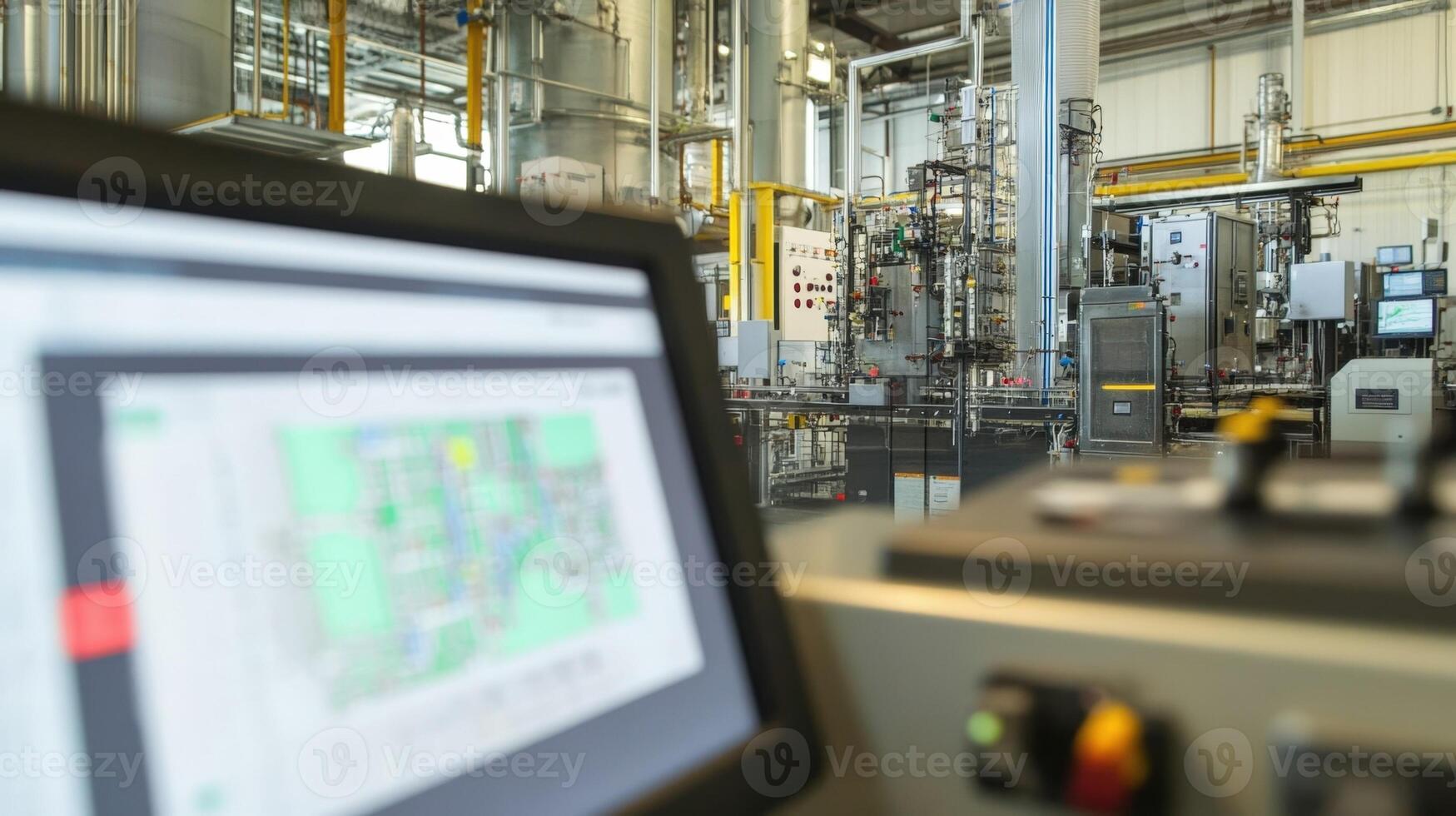 Computer showing map with industrial plant in background managing production process photo