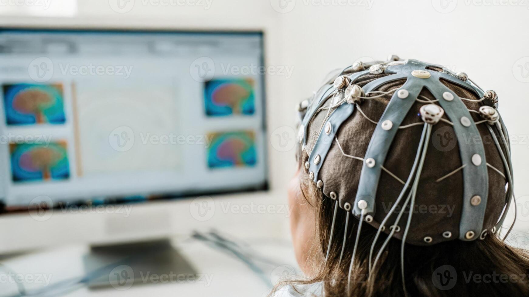 A focused view of a headgear fitted with multiple sensors visualizing the flow of data from the sensors to a digital interface that maps brain activity during neurofeedback. photo
