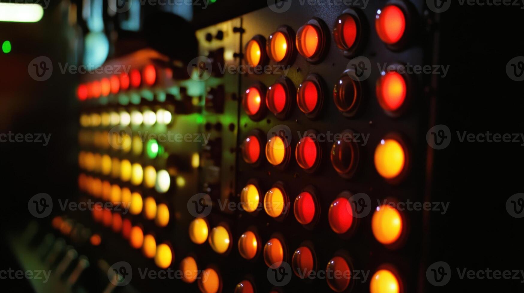 Closeup of a lighting board dials and switches illuminated against a backdrop of dim lights as the cinematographer carefully finetunes color gels to achieve a hauntingly atmospheri photo